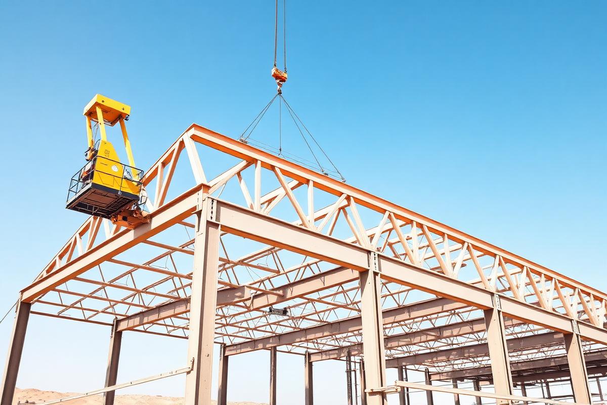 Crane lifting a steel roof truss onto a warehouse frame