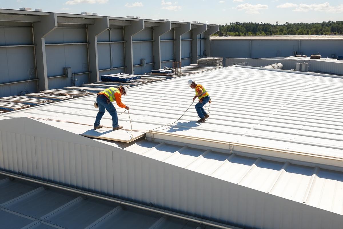 Workers installing insulated roof cladding sheets